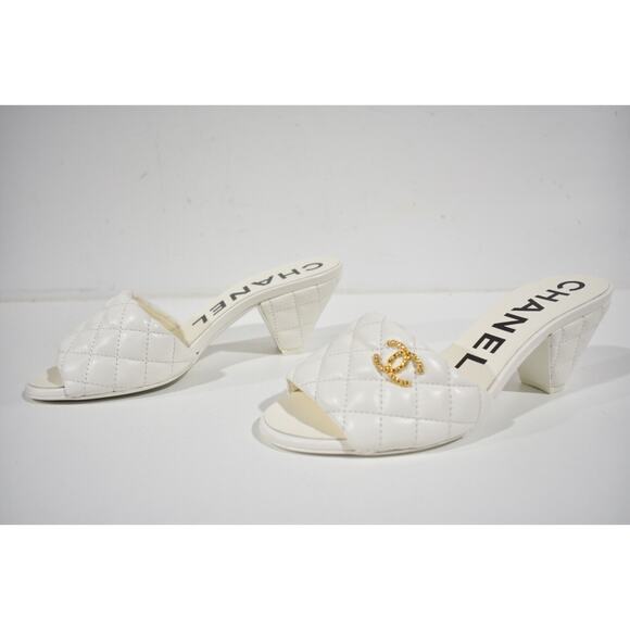 Chanel REV White Lambskin Quilted CC Gold Logo Cone Heel Mule Slide Sandal 38 - Picture 10 of 12